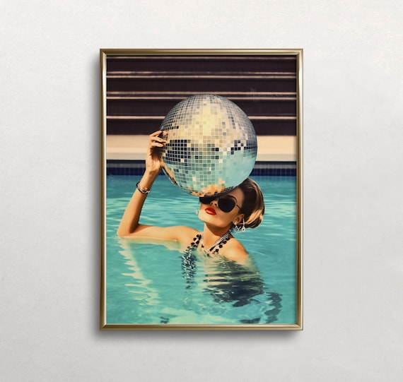 Woman Holding Disco Ball in Pool Retro Glam Summer Trendy Photo Poster