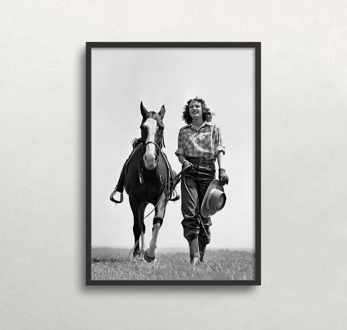 Cowgirl Leading Her Horse Western Vintage Black And White Photo Poster