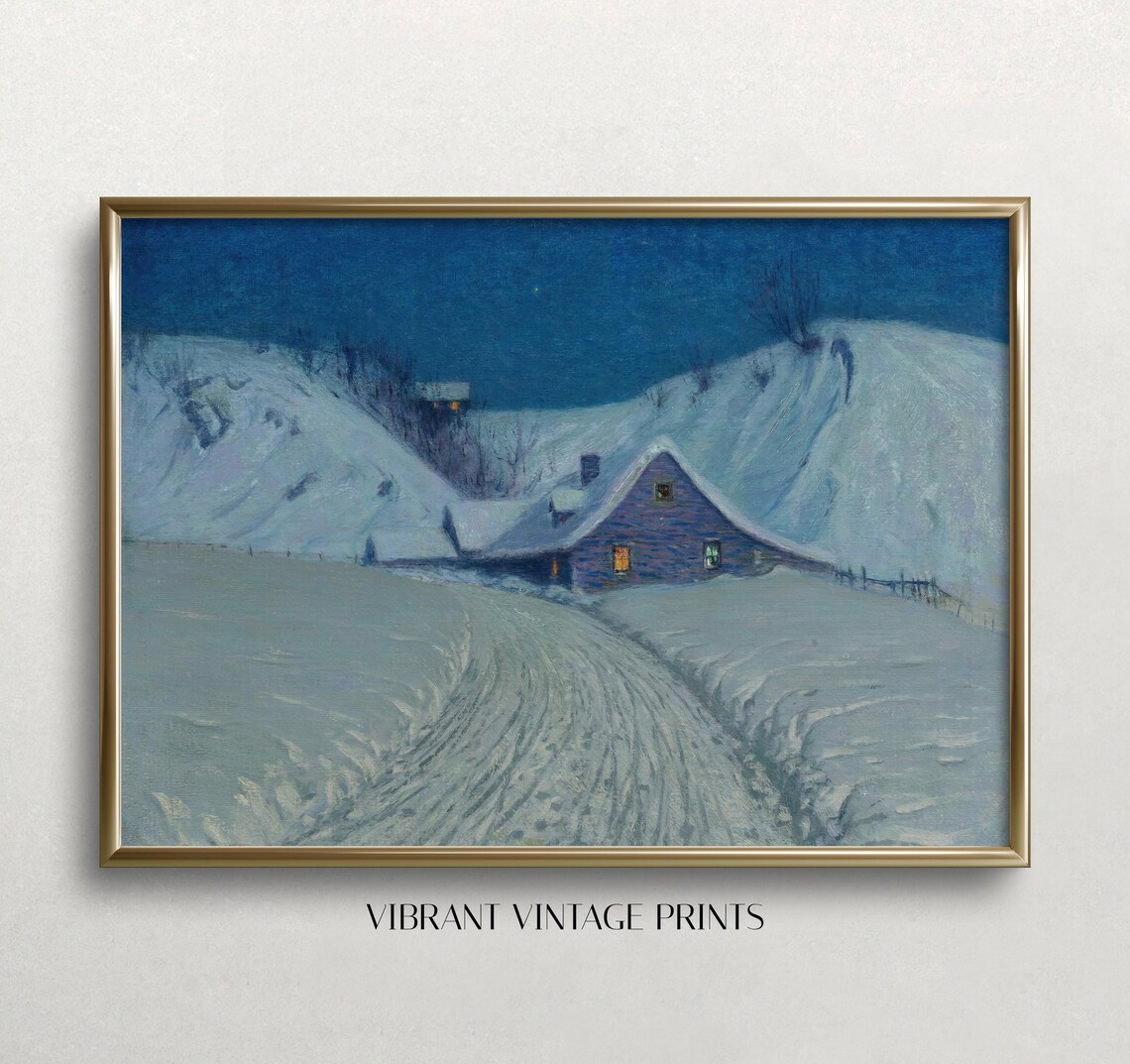 Cozy Snowy Cabin at Night Blue Moonlight Winter Landscape Poster