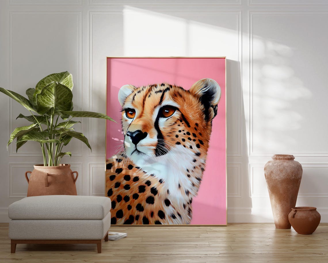 Cheetah Portrait Pink Background Colorful Big Cat Art Poster - Image 2