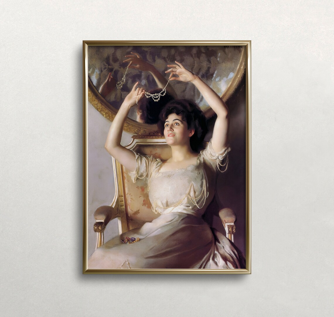 Woman Holding Pearl Necklace Mirror Vintage Elegant Portrait Art Poster