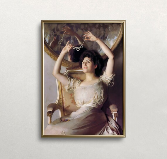 Woman Holding Pearl Necklace Mirror Vintage Elegant Portrait Art Poster