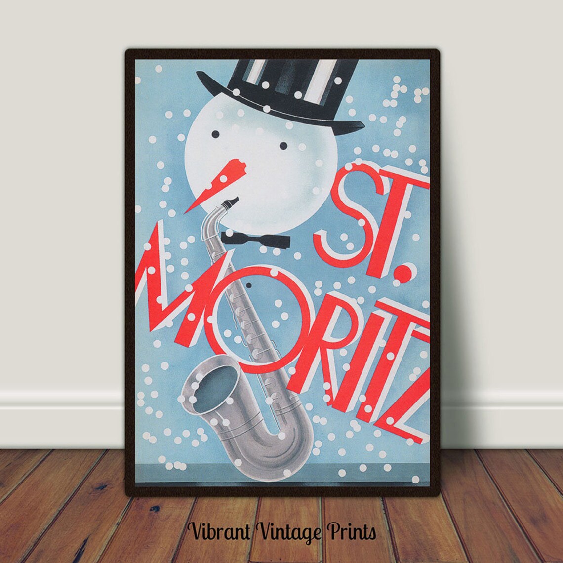 St Moritz Switzerland Saxophone Snowman Vintage Ski Travel Poster