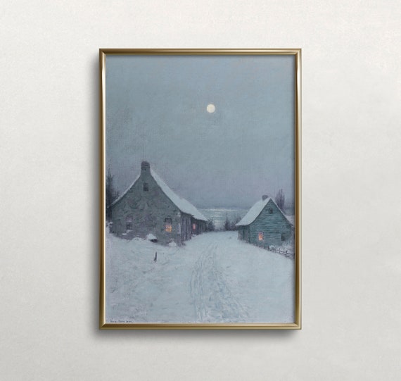 Christmas Eve Winter Landscape, Vintage Farmhouse Art Print
