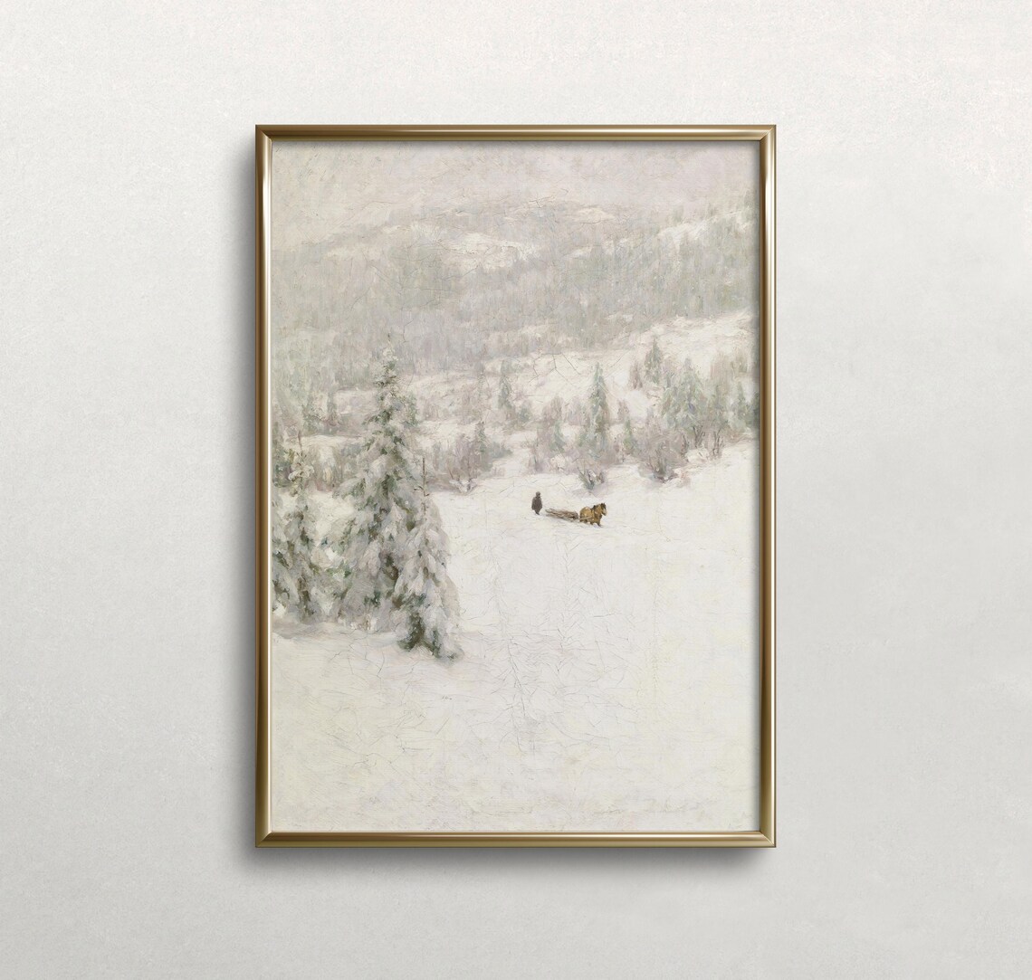 Snowy Winter Landscape Horse Sled Vintage Oil Painting Poster