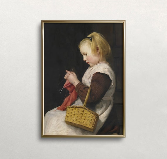 Girl Knitting Vintage Wall Art Girl Portrait Dark Moody Colors Dark Moody Colors Yarn Wall Art 461
