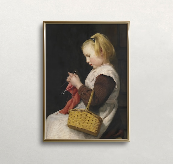 Young Girl Knitting With Basket Vintage Dark Moody Figurative Art Poster