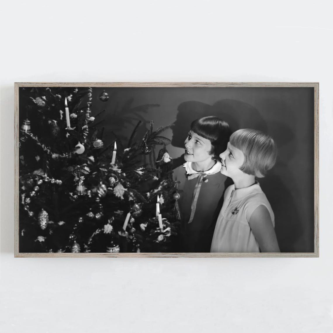 Two Girls Admiring Candle Lit Christmas Tree Vintage Photo Print