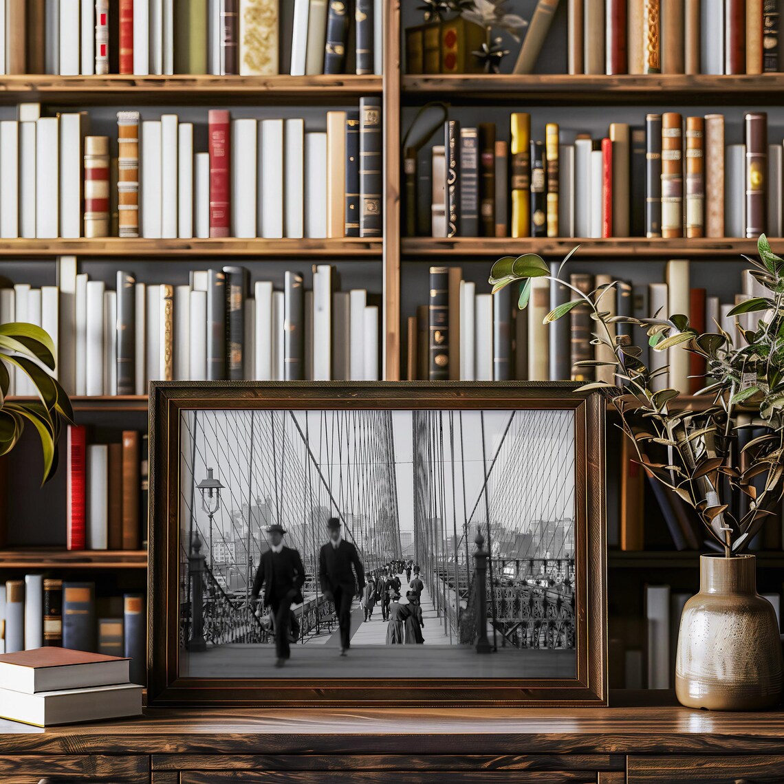 Brooklyn Bridge Historic Walkway Black and White NYC Photo Poster - Image 2