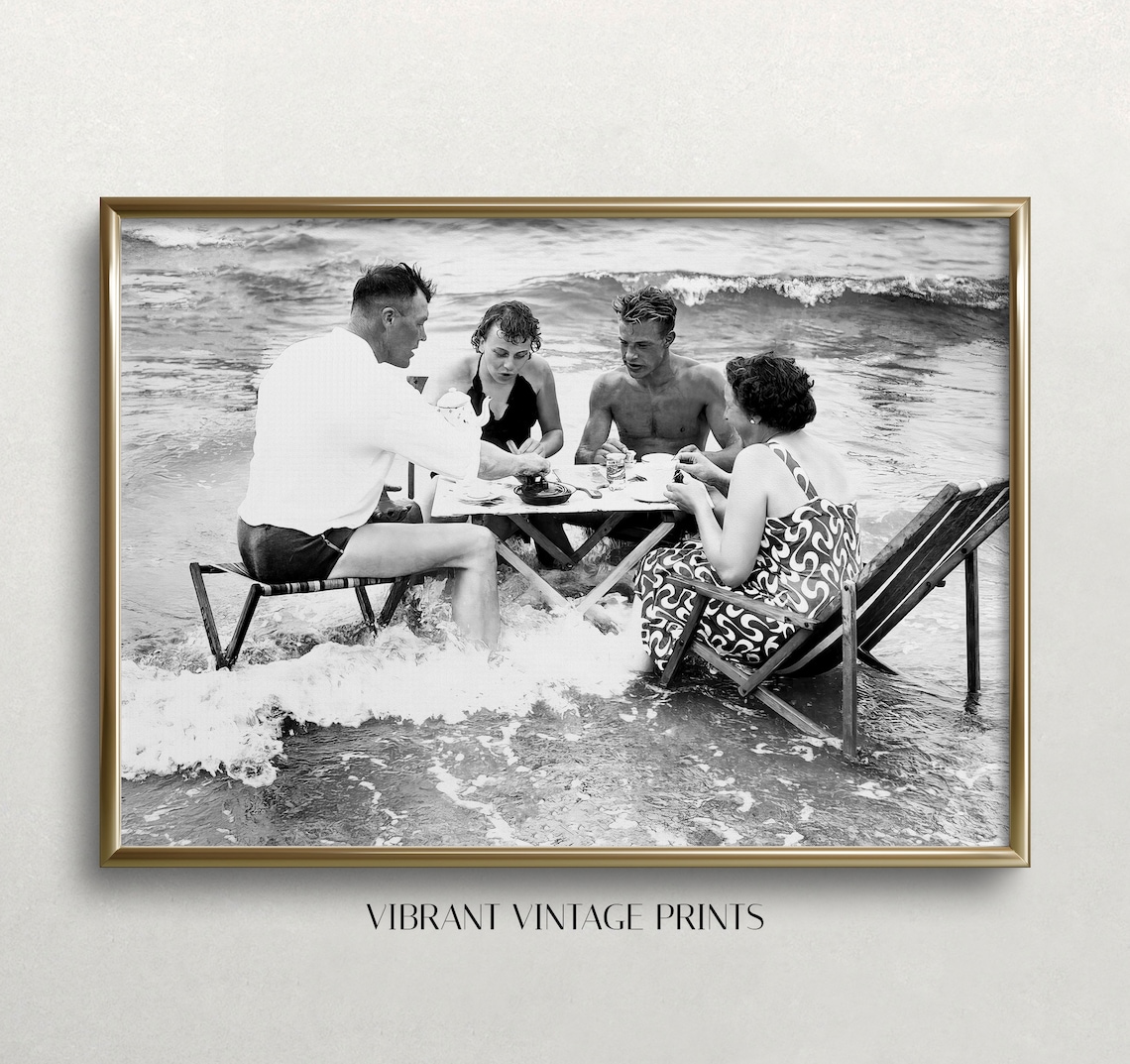 Tea Party In Surf, Vintage Black And White Art Print