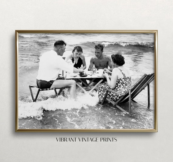 Tea Party In Surf, Vintage Black And White Art Print