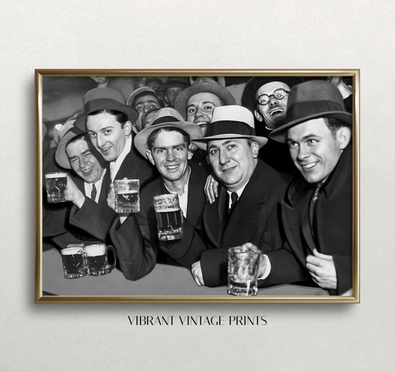 Men Drinking Beer Black And White Art Vintage Wall Art Happy Beer Drinkers Bar Cart Decor Prohibition Wall Art