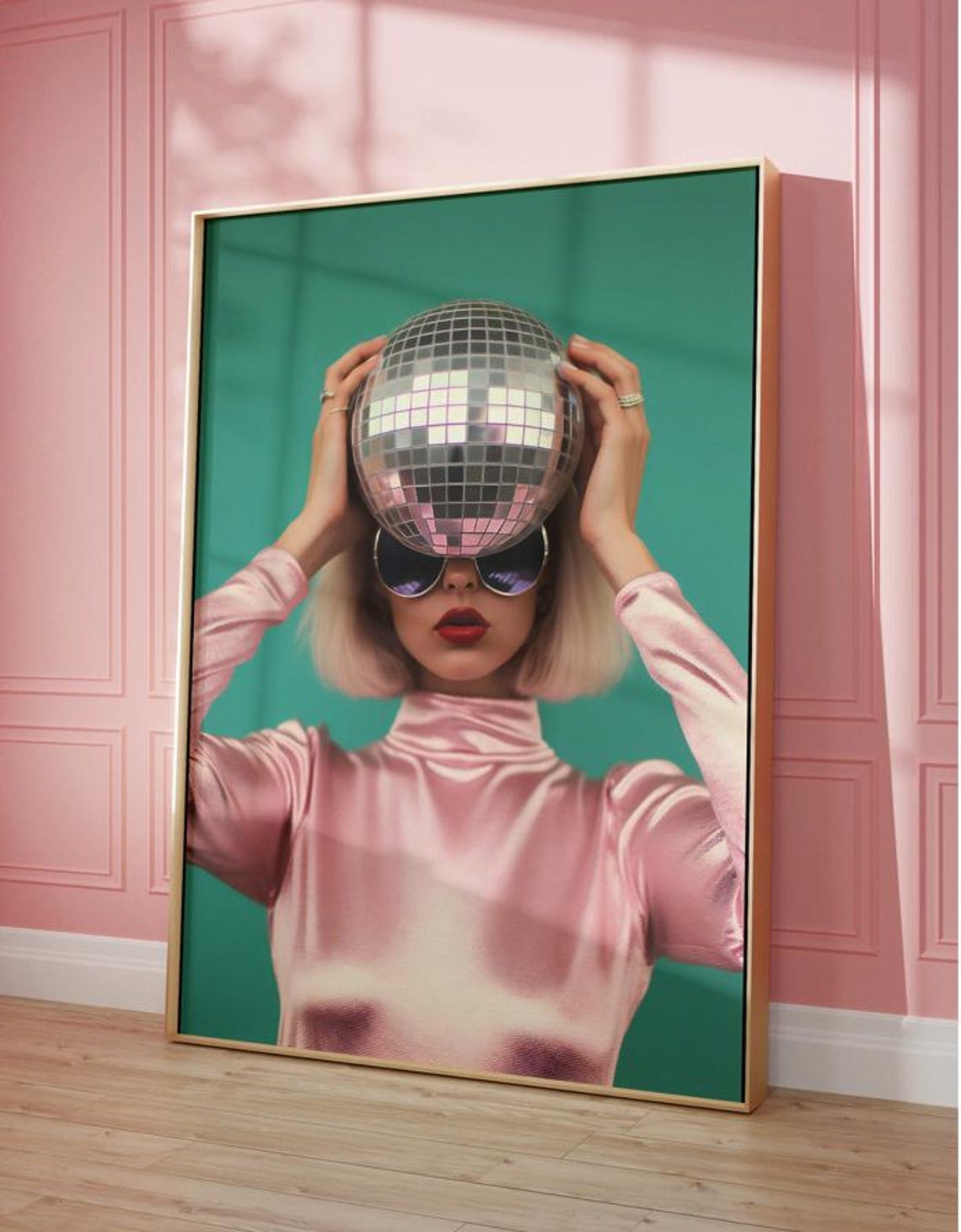 Woman Holding Disco Ball Retro Party Pop Teal Pink Glamour Poster - Image 3
