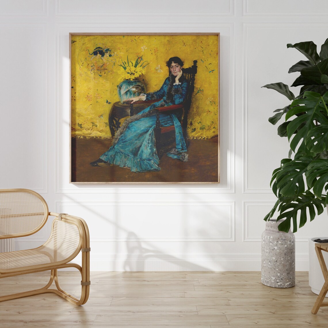 Lady In Blue Gown Against Golden Wall Moody Vintage Portrait Art Poster