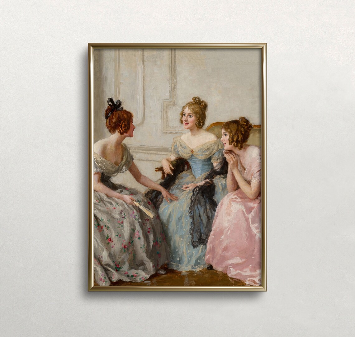 Three Victorian Women Chatting In Gowns Vintage Figurative Art Poster