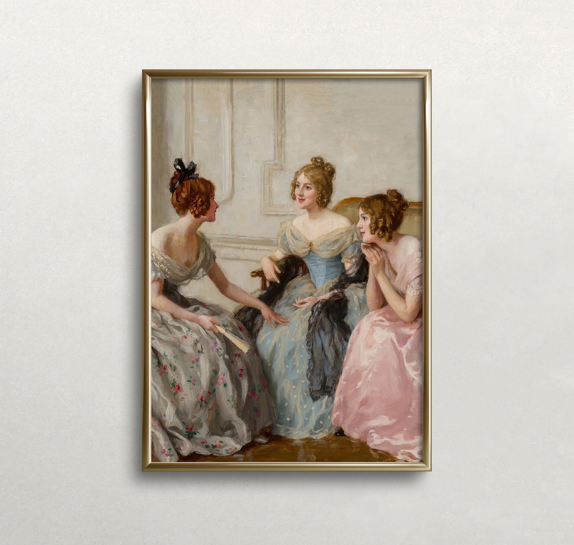 Three Victorian Women Gossiping Vintage Coquette Oil Painting Poster