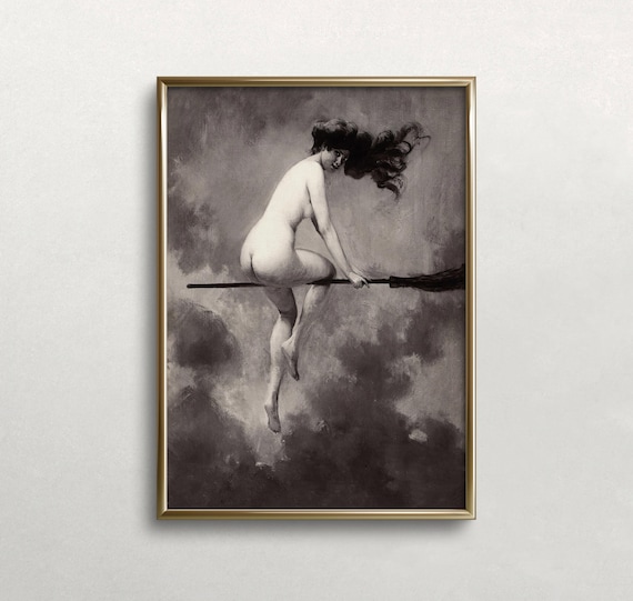 Nude Witch Riding Broomstick Through Clouds Vintage Halloween Art Poster
