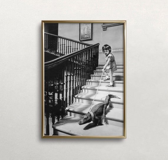 Girl And Baby Alligator, Vintage Black And White Art Print