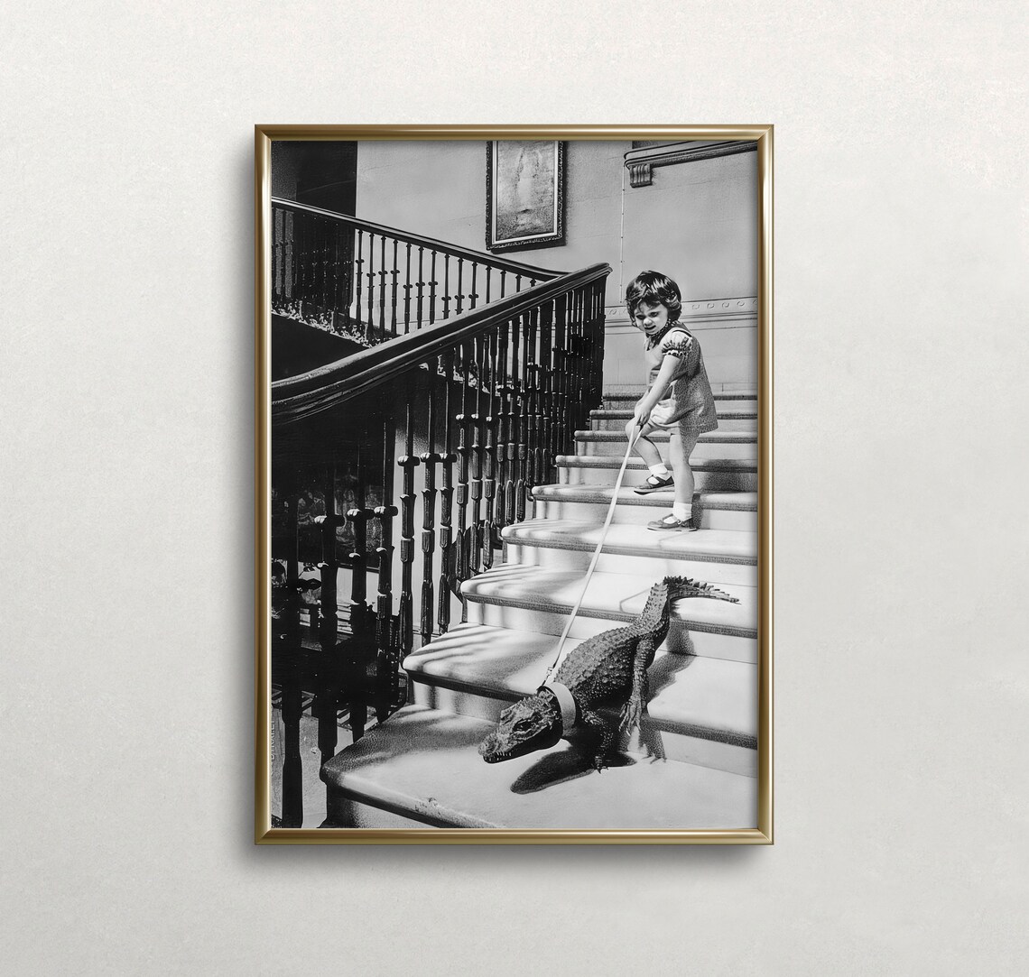 Girl And Baby Alligator, Vintage Black And White Art Print