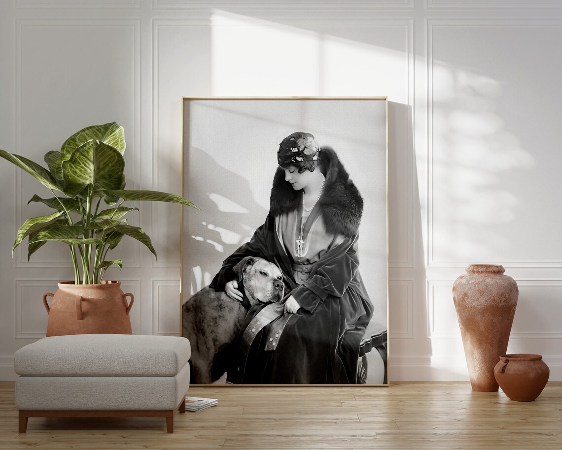 Elegant Woman With Dog Fur Collar Vintage Black White Photo Art Print