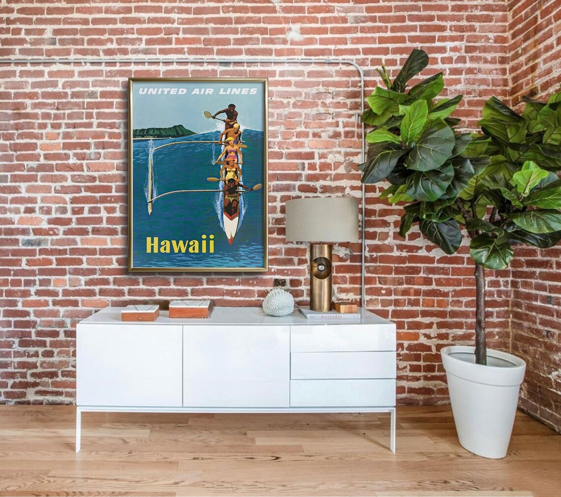 United Air Lines Hawaii Outrigger Canoe Vintage Airline Travel Poster