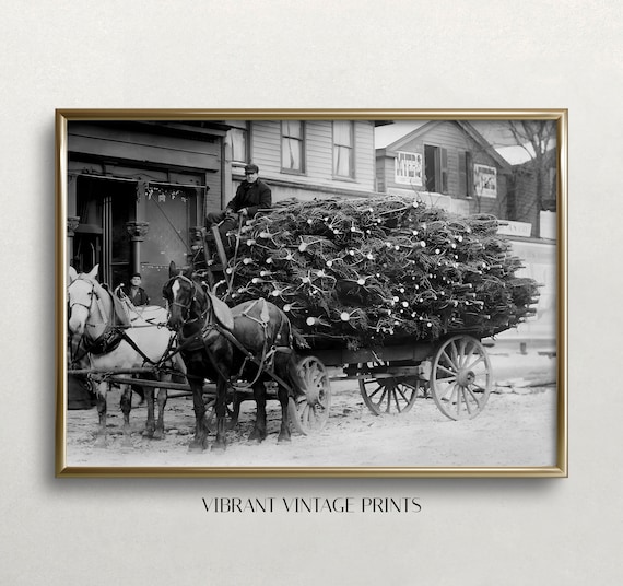 Vintage Christmas Tree Wagon, Black and White Poster Print