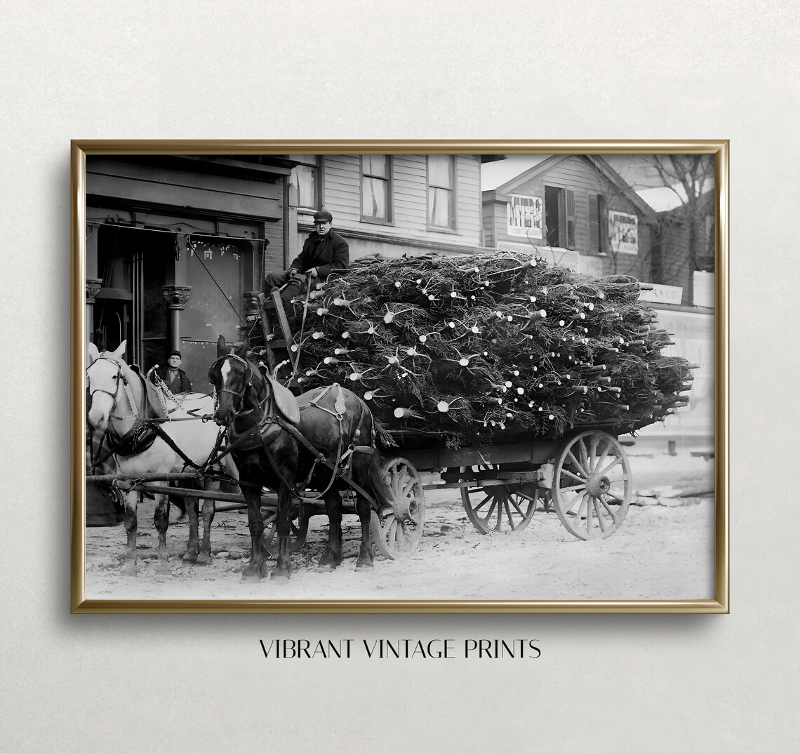 Vintage Christmas Tree Wagon, Black and White Poster Print