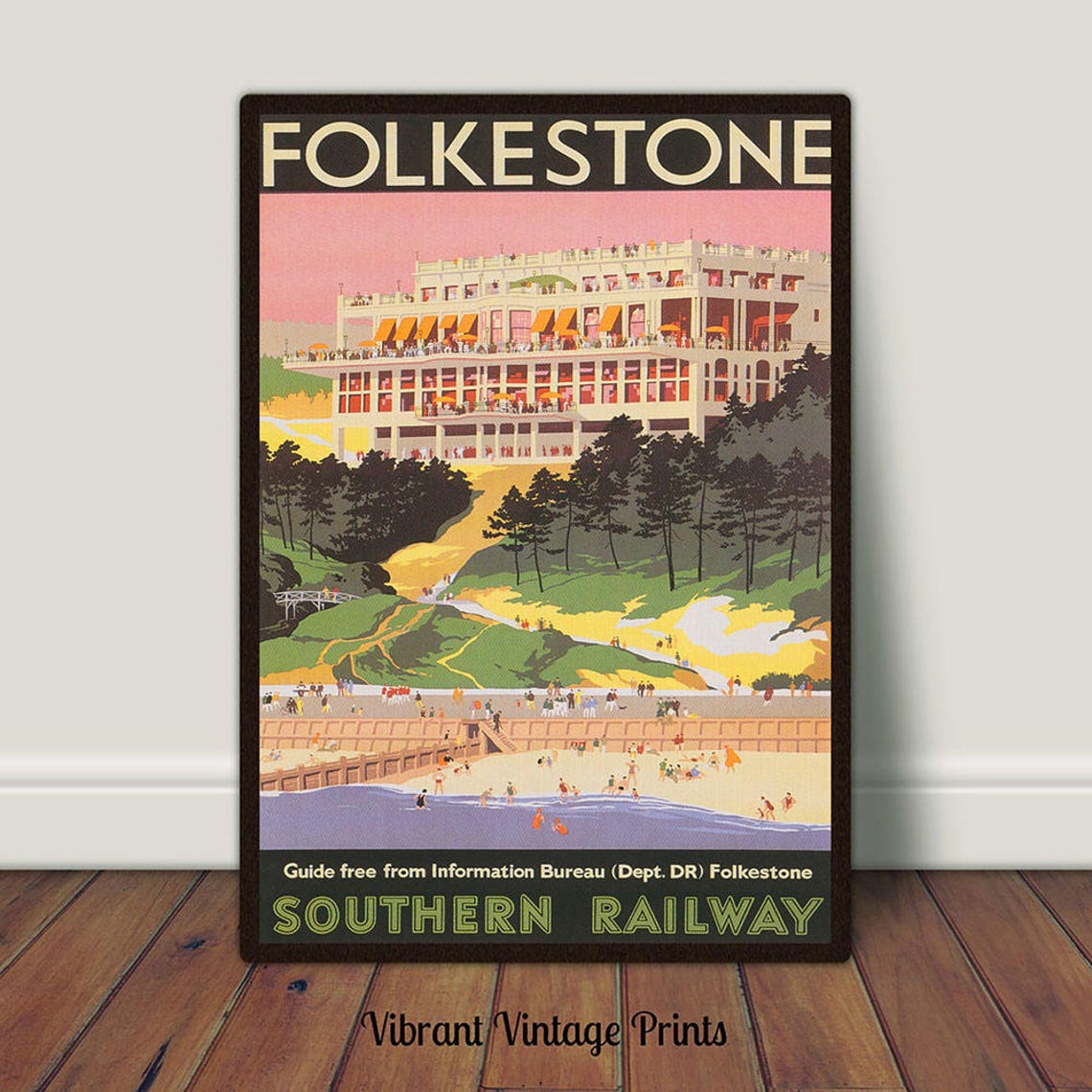 Folkestone England Vintage Seaside Hotel Beach Southern Railway Poster