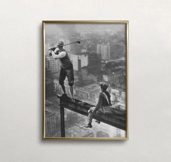 Golf on Skyscraper Beam, Vintage Black & White Art Print