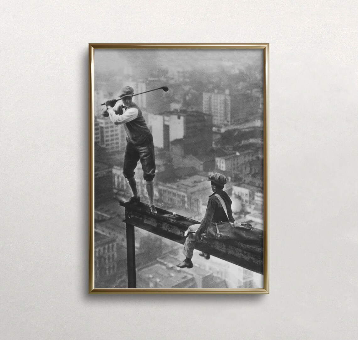 Golf on Skyscraper Beam, Vintage Black & White Art Print