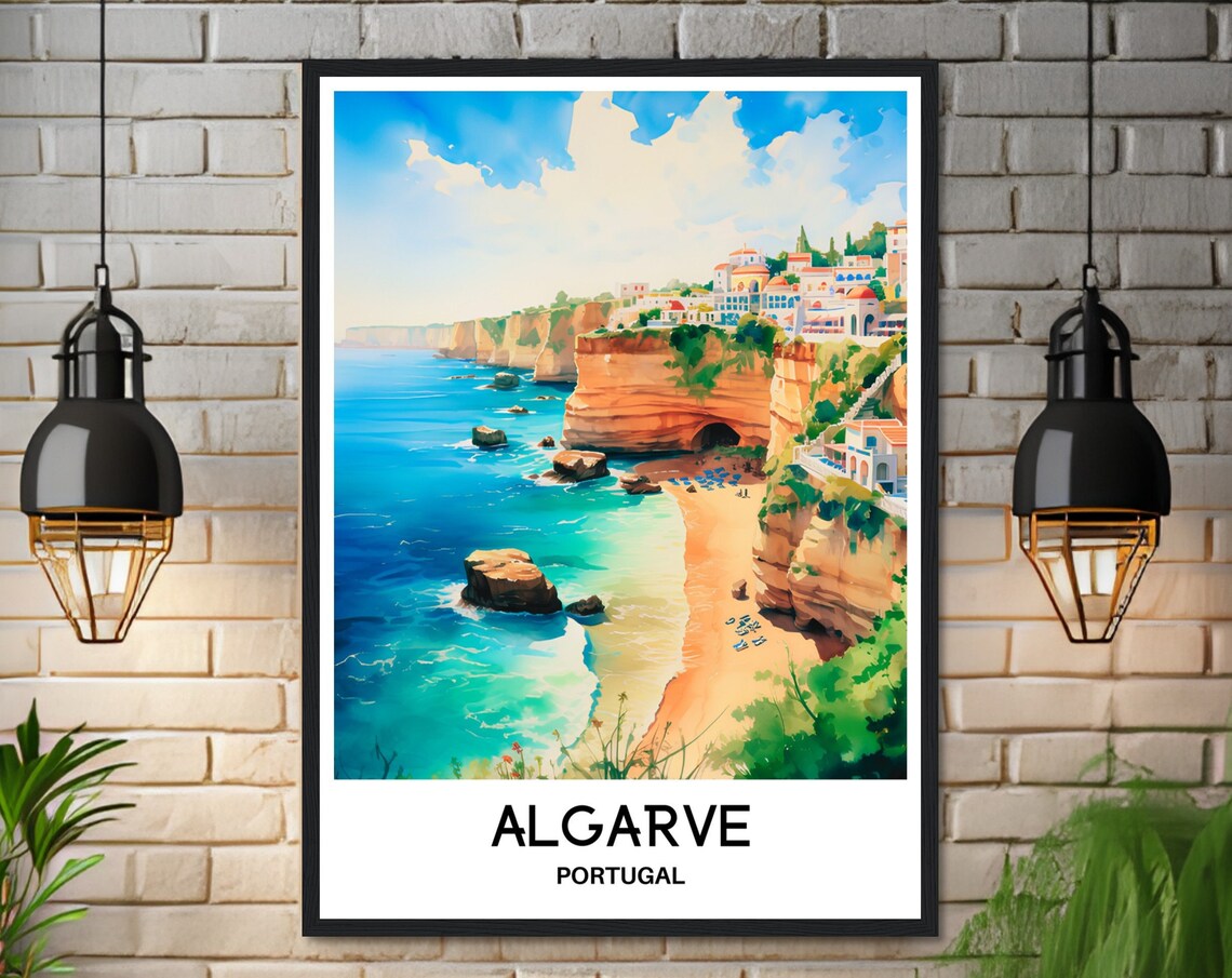 Algarve Portugal Golden Cliffs Beach Watercolor Travel Poster - Image 3