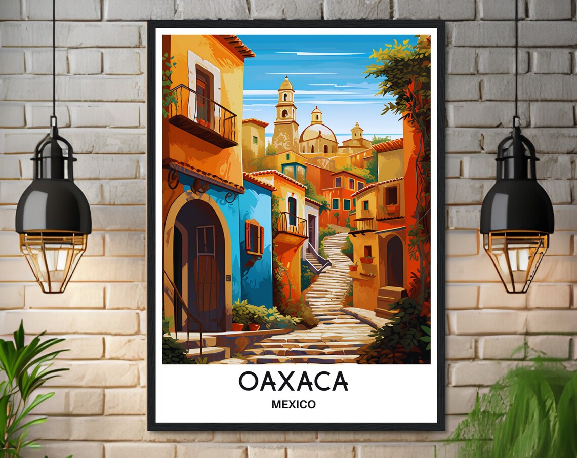 Oaxaca Mexico Cobblestone Alley Colorful Houses Church View Poster - Image 3