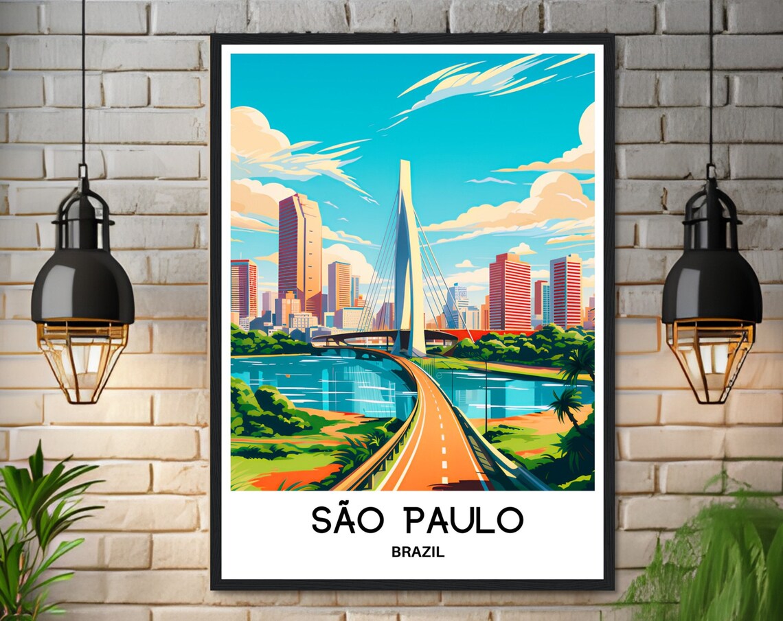 São Paulo Brazil Modern Cable Bridge City Skyline Travel Poster - Image 3