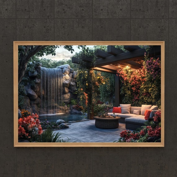 Tranquil Garden Oasis Art Print Lush Waterfall Patio With Cozy Seating Nature Inspired For Relaxing Home Decor