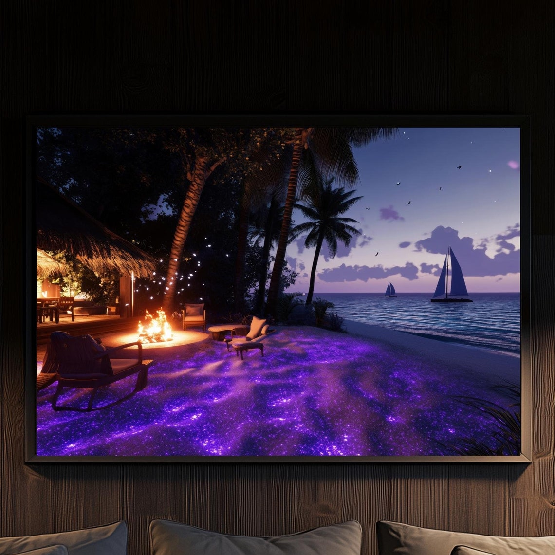 Beach Hut Fire Pit Night Glowing Purple Sand Sailboats Palm Poster