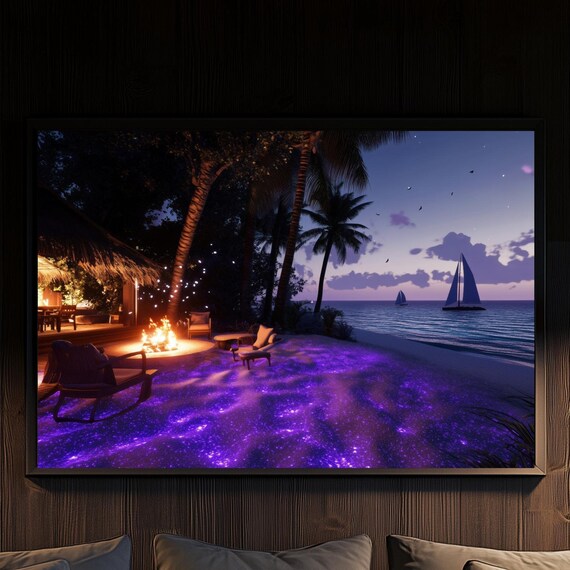 Bioluminescent Beach With Fire Pit And Sailboats Dreamy Tropical Sunset Wall Art Enchanting Ocean Glow Decor
