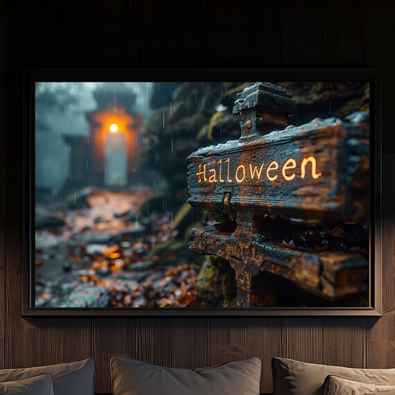 Weathered Wooden Halloween Sign In Rainy Misty Forest Poster