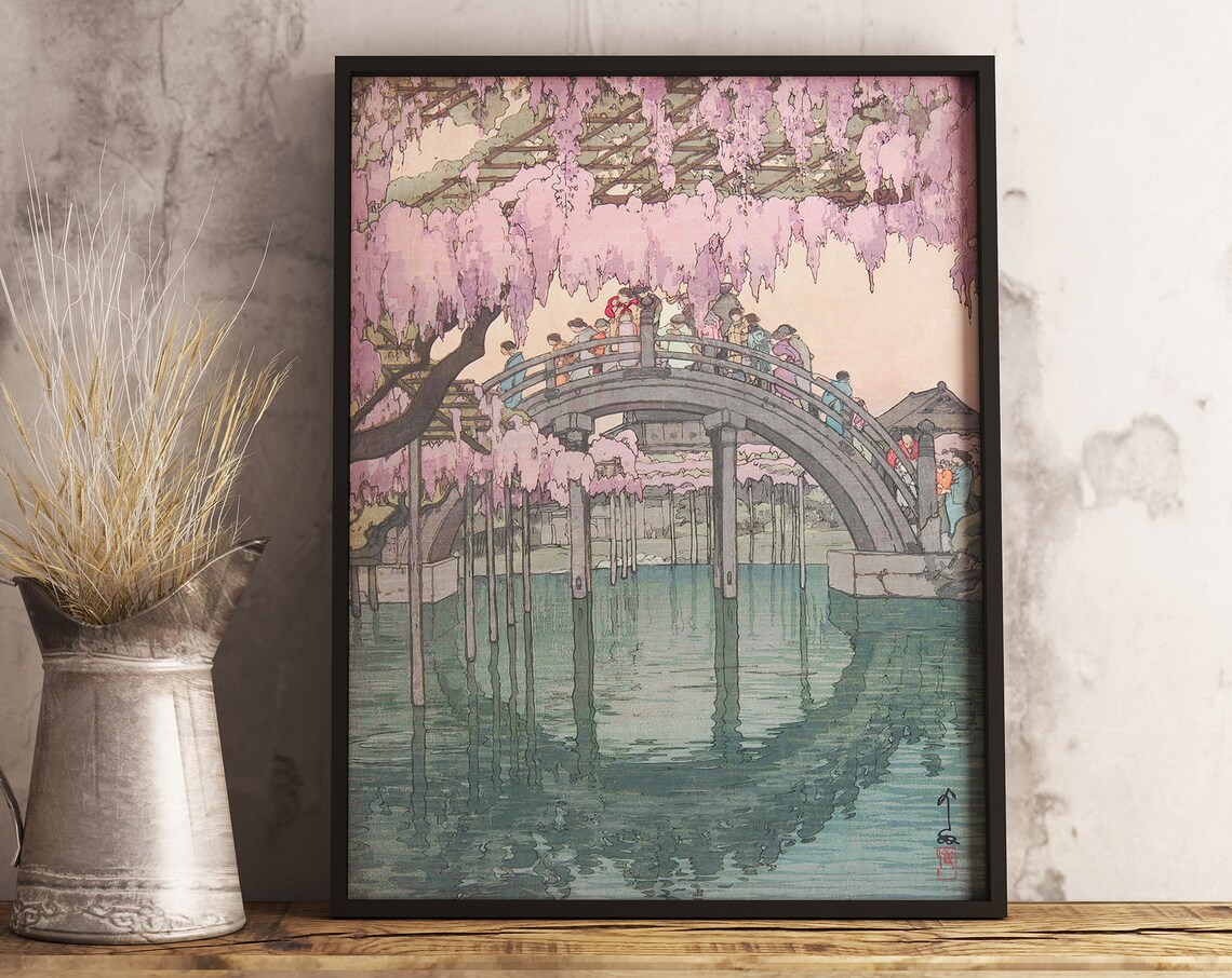 Hiroshi Yoshida Wisteria Bridge Japanese Woodblock Style Poster - Image 3