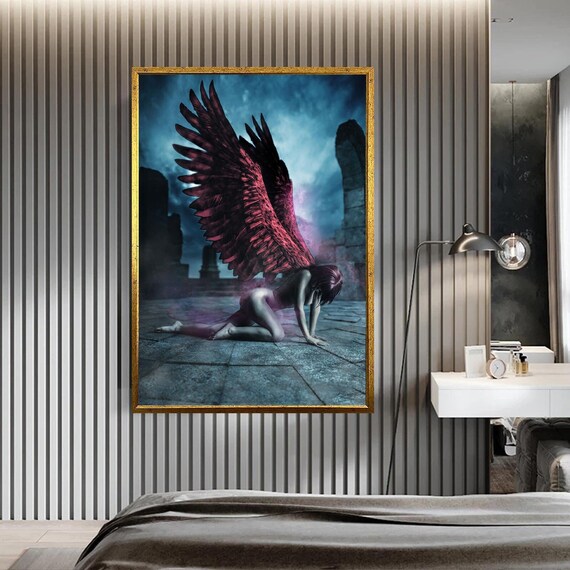Fallen Angel Red Wings Kneeling Ancient Ruins Dark Fantasy Art Poster