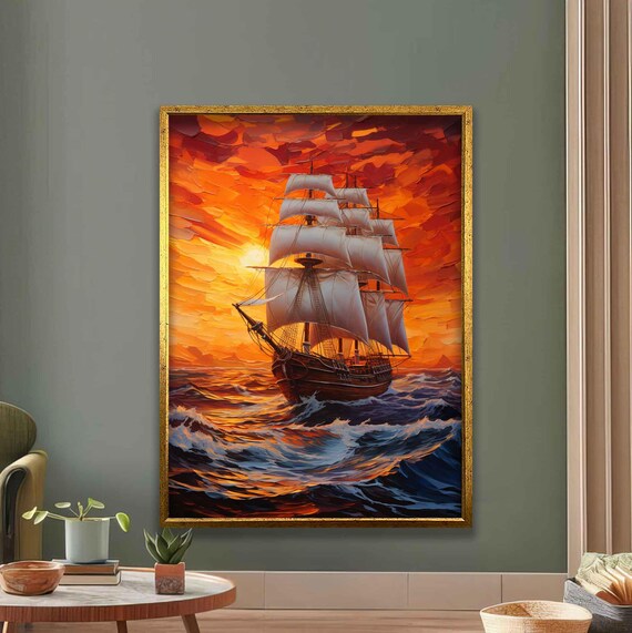 Tall Ship Sunset Ocean Waves Dramatic Nautical Seascape Painting Poster