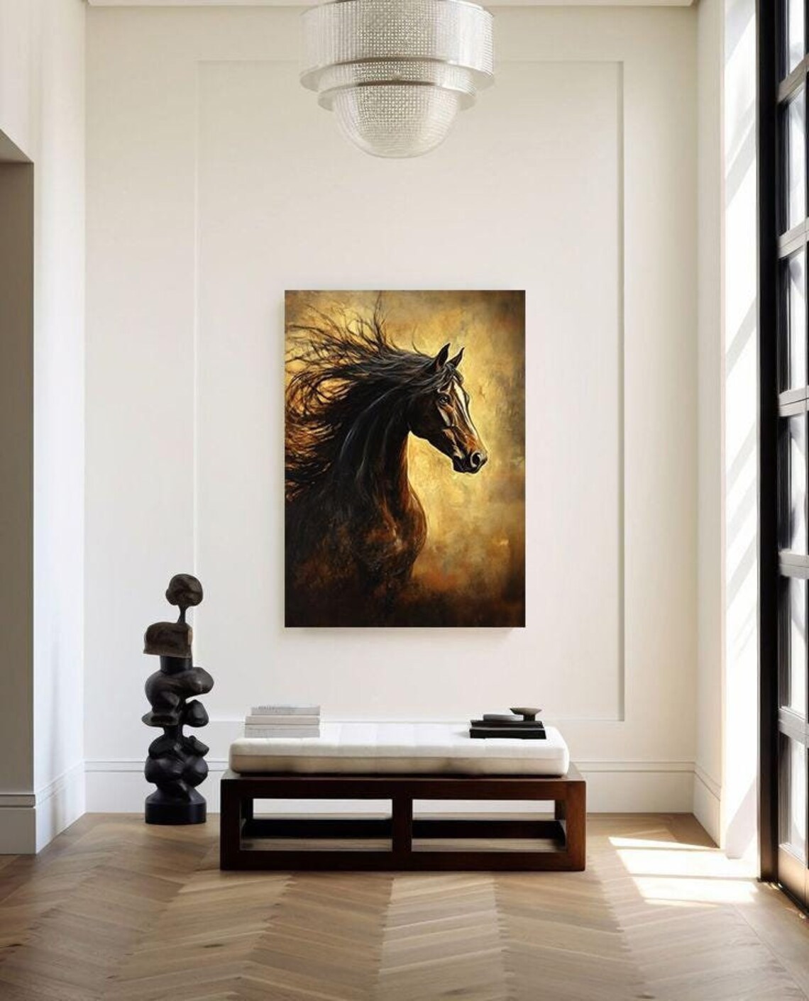 Dark Horse Portrait Windswept Mane Golden Haze Equine Wall Art Poster