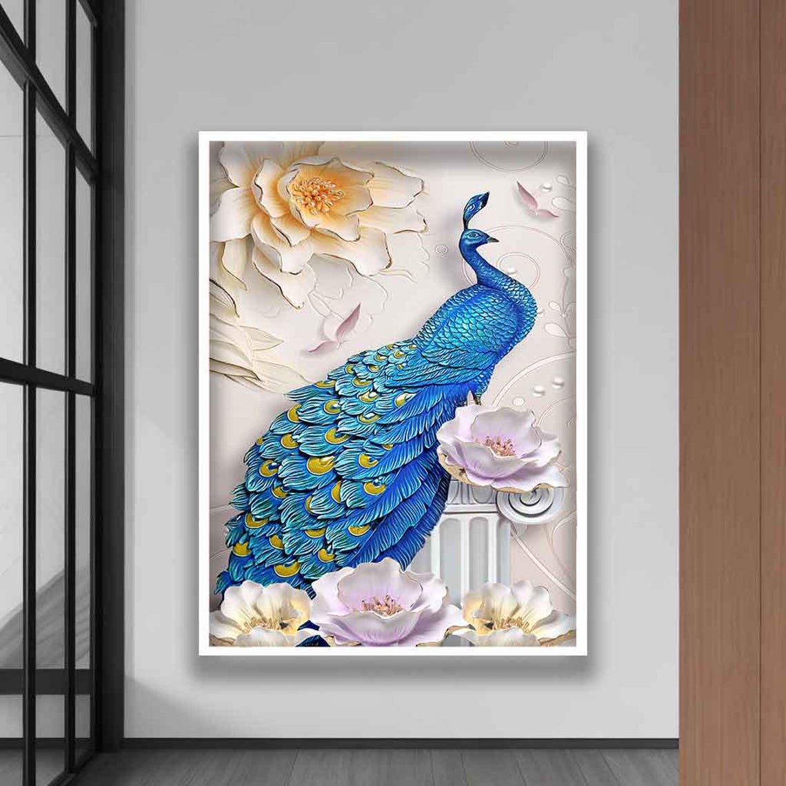 Elegant Blue Peacock With 3D White Flowers Floral Animal Art Poster
