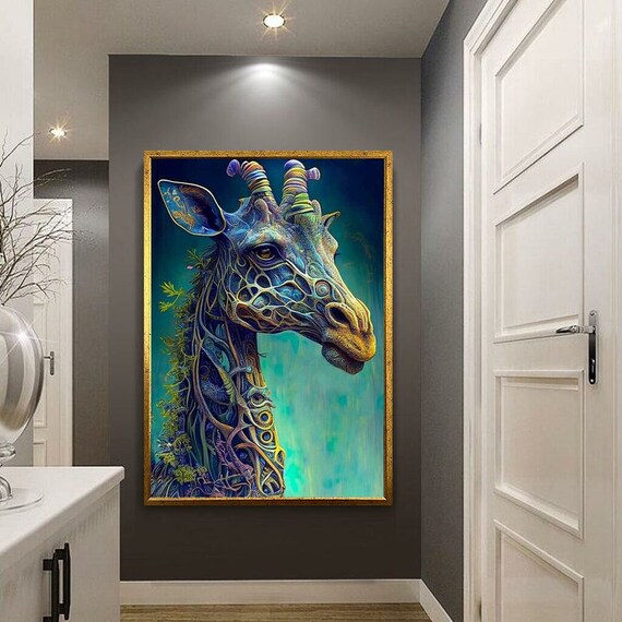 Fractal Giraffe Head Teal Gold Ornate Wildlife Fantasy Wall Art