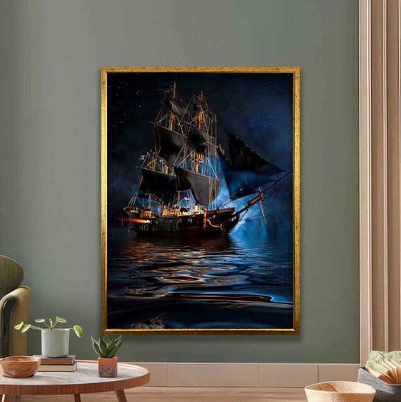 Mysterious Black Sail Ship On A Dark Ocean Night Gothic Nautical Wall Art Print For Home Office Decor