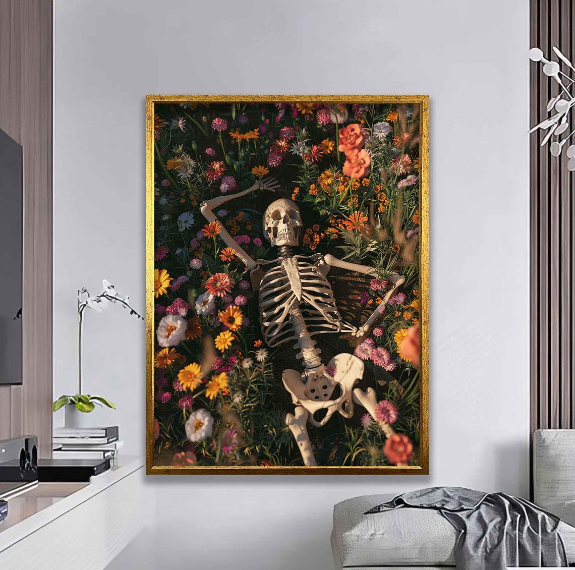 Skeleton Resting In Flower Field Surreal Dark Aesthetic Art Poster