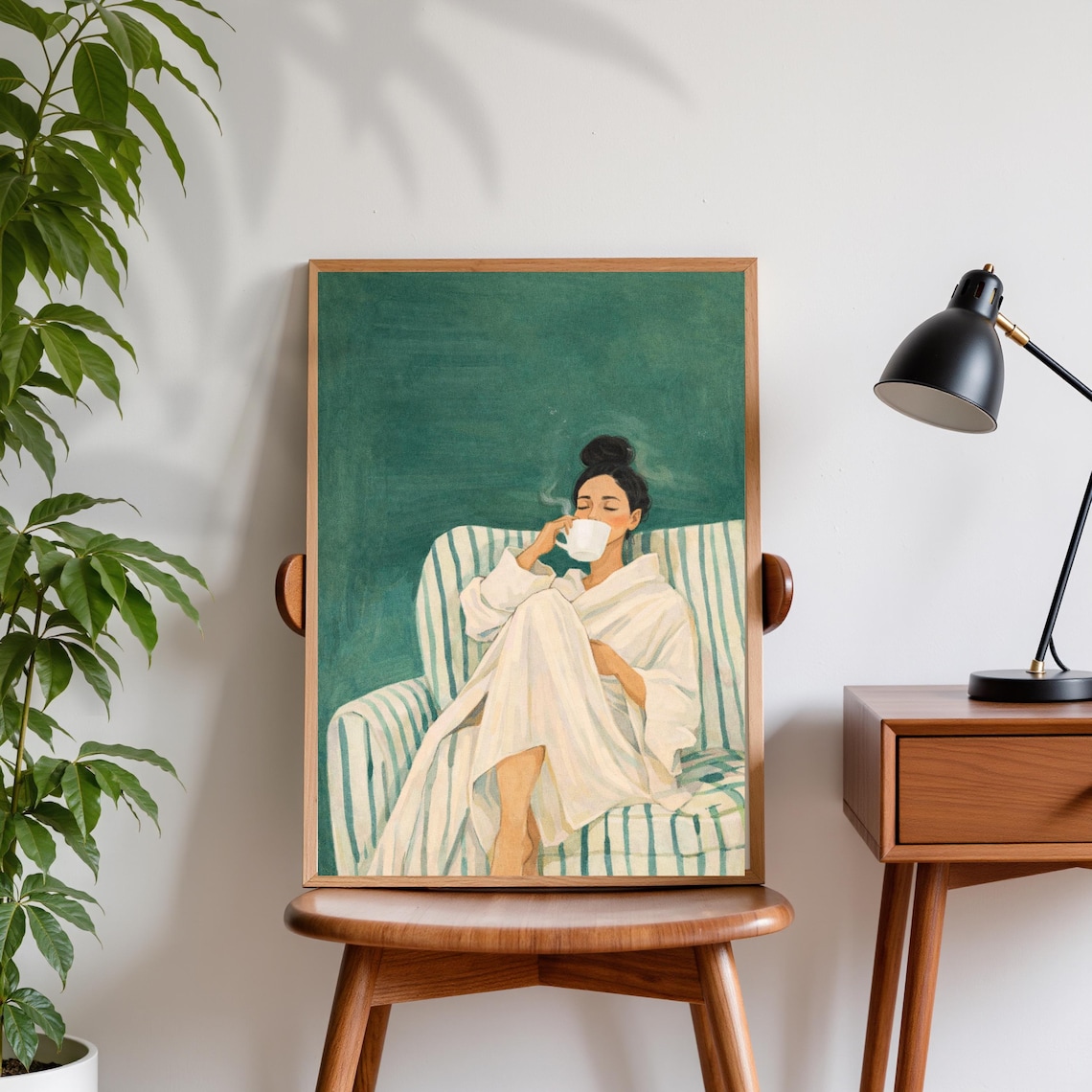 Woman Drinking Coffee, Minimalist Illustration