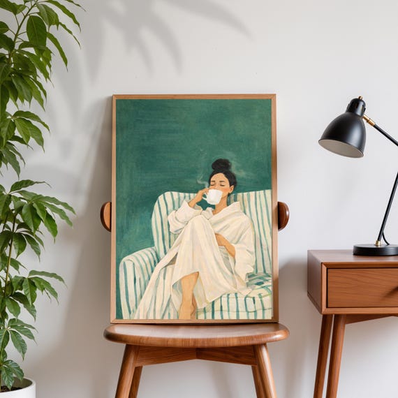 Woman Drinking Coffee, Minimalist Illustration