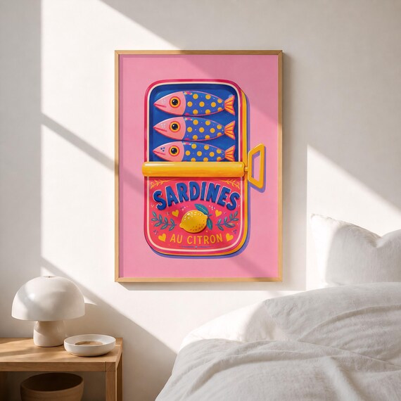 Whimsical Sardines Au Citron Lemon Tin Pink Kitchen Art Poster
