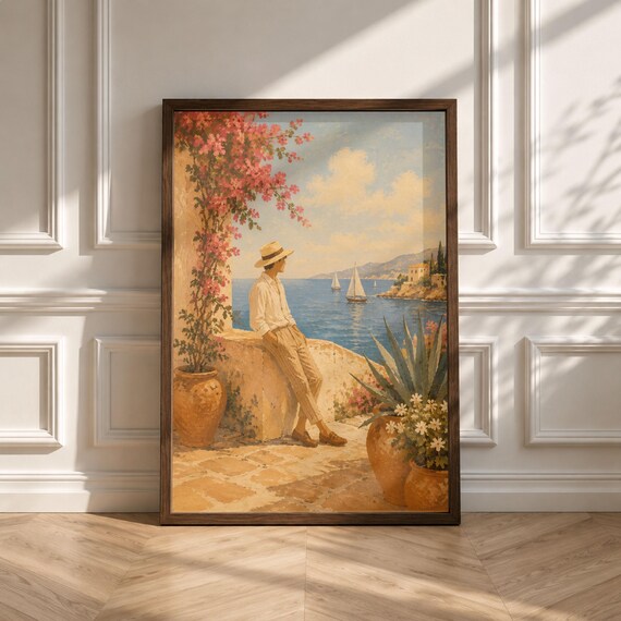 Mediterranean Coast Terrace Sailboat Vintage Travel Scene Poster