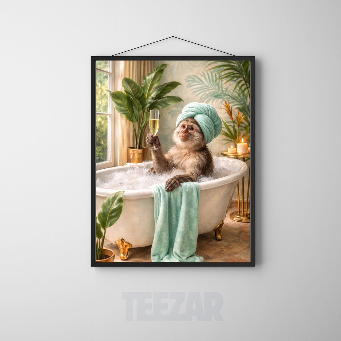 Spa Day Monkey Bubble Bath Champagne Glass Funny Tropical Bathroom Poster